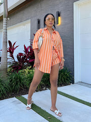 Striped Print Two piece Set Button Front Shirt & Shorts