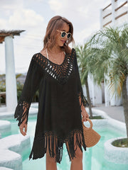 Hollow Out Crochet Boho Cover Up Dress V Neck Solid Beach Kaftan
