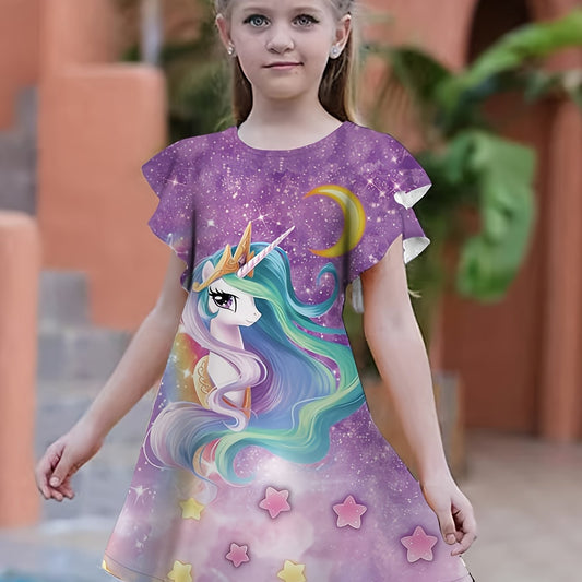 3D Unicorn Graphic Dress Girls Short Sleeve Party Gift Summer
