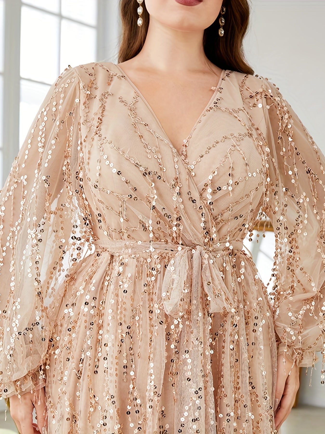 Sequin Fringe Lantern Sleeve Maxi Dress