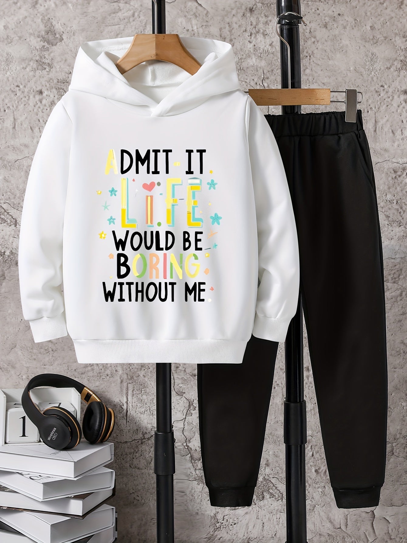 Boys Hoodie & Sweatpants Set, Letter Print, Casual, Long Sleeve, Loose Fit