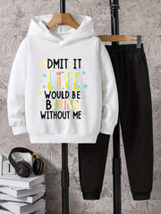 Boys Hoodie & Sweatpants Set, Letter Print, Casual, Long Sleeve, Loose Fit