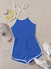 Block Halter Neck Romper Casual Bodycon Wide Leg