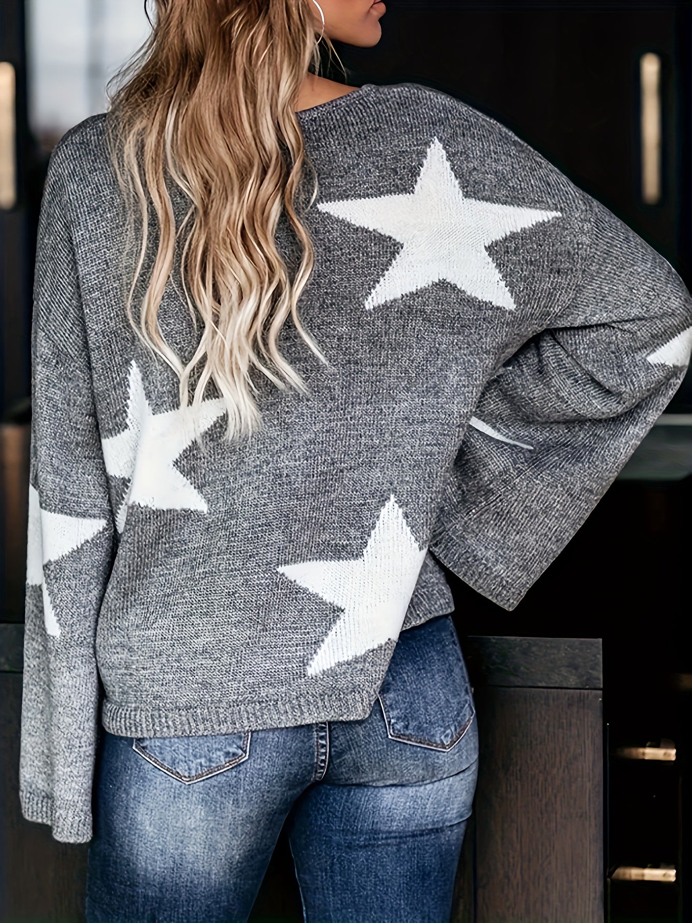 Star Print Bell Sleeve Knit Top