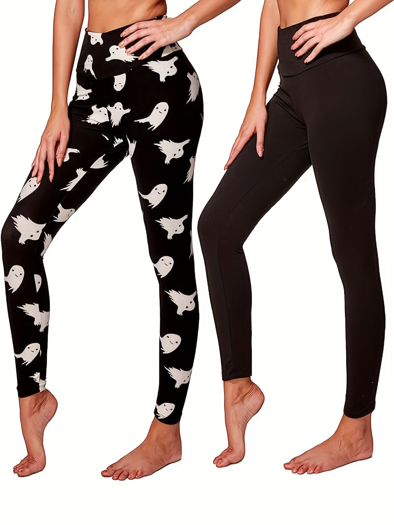 2 Pack Women's Plus Ghost Print & Solid Leggings Set