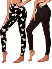 2 Pack Women's Plus Ghost Print & Solid Leggings Set