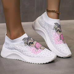 Women's Rhinestone Platform Sneakers Slip On Outdoor Shoes Cut Cartoon Print