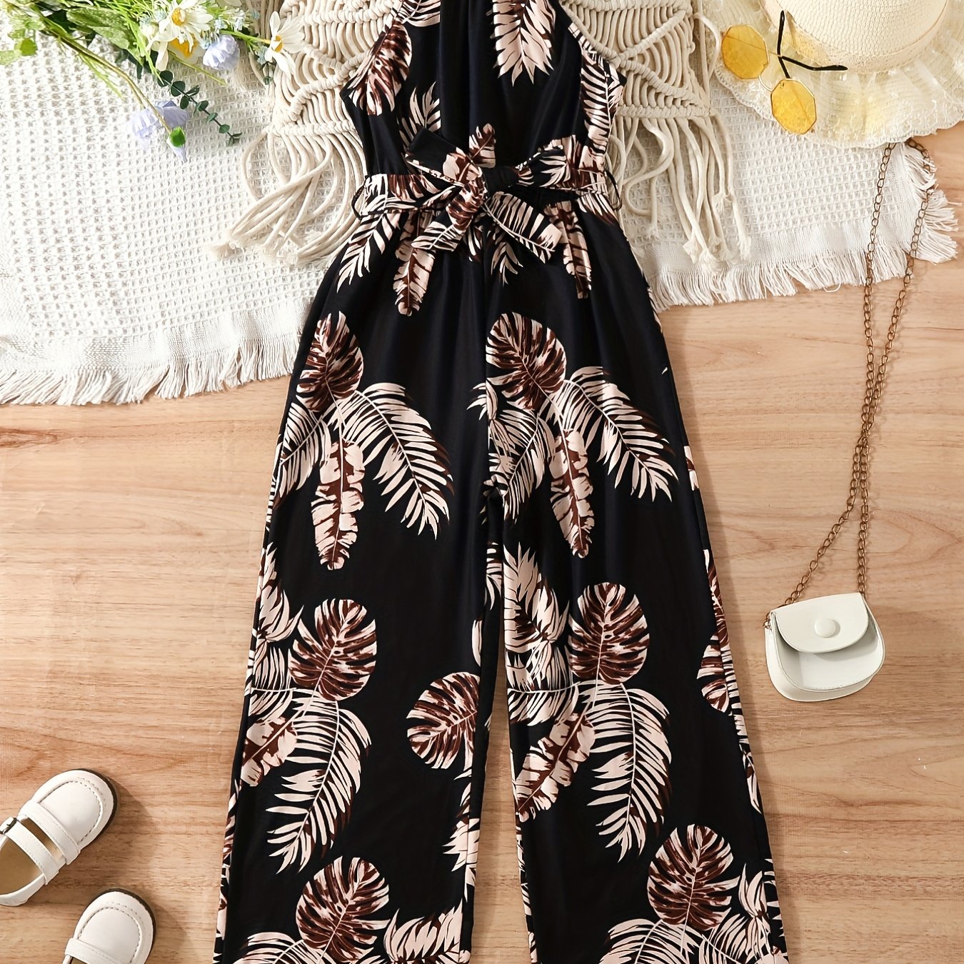 Vintage Leaf Print Halter Neck Sleeveless Jumpsuit for Girls