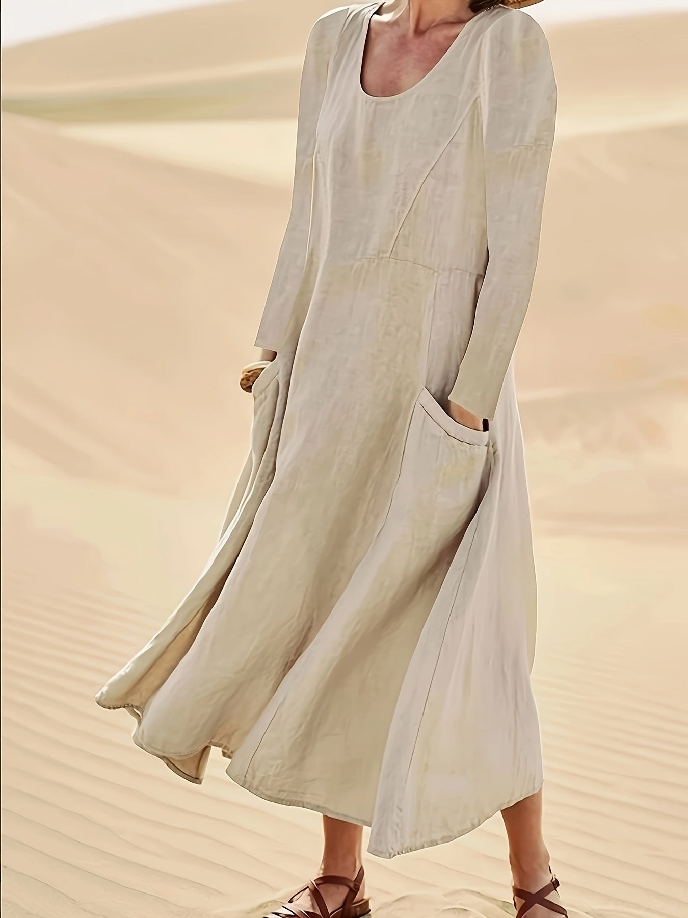 Women's Plus Solid Long Sleeve Round Neck Loose Fit Maxi Dress