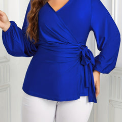 Solid Long Sleeve Wrap V Neck Tie Side Blouse