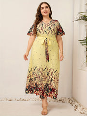 Floral Print V Neck Maxi Dress With Belt