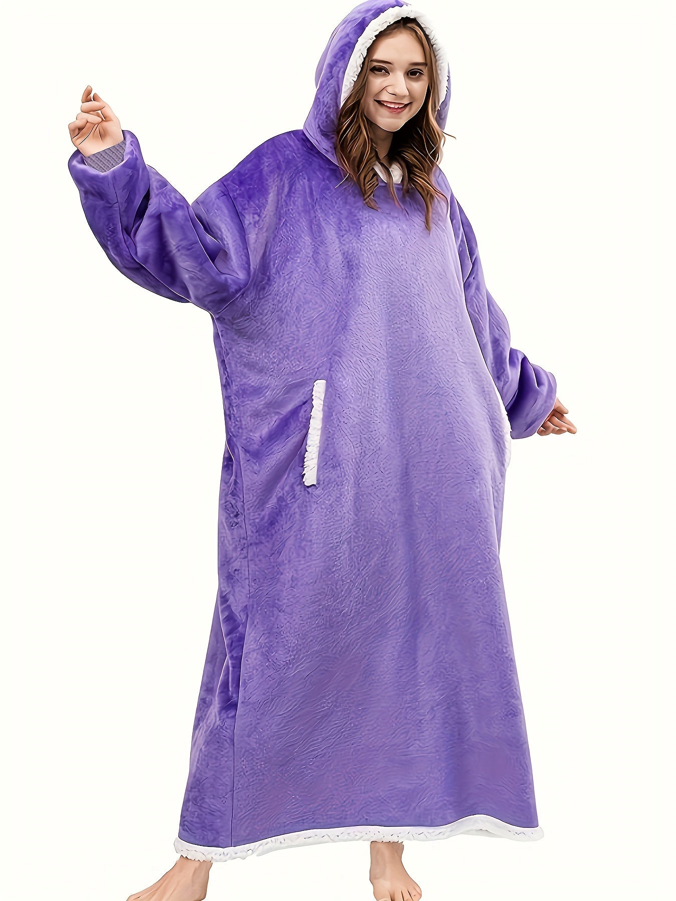 Women's Plus Size Sherpa Fleece Hooded Flannel Robe with Pockets