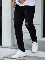 Slim Fit Ripped Cotton Jeans Mens Casual Street Style Distressed Mid Stretch Den