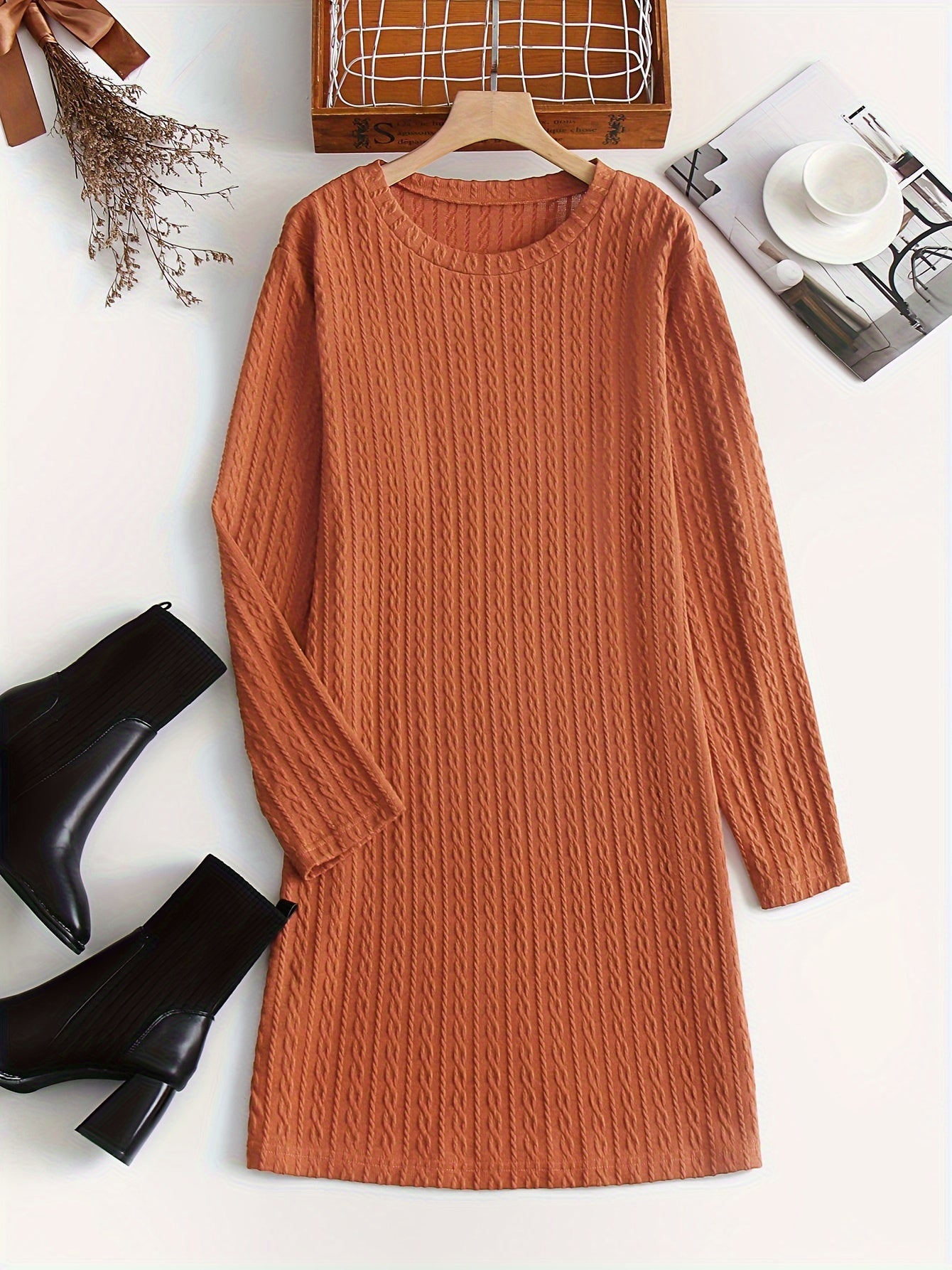 Solid Jacquard Long Sleeve Round Neck Dress