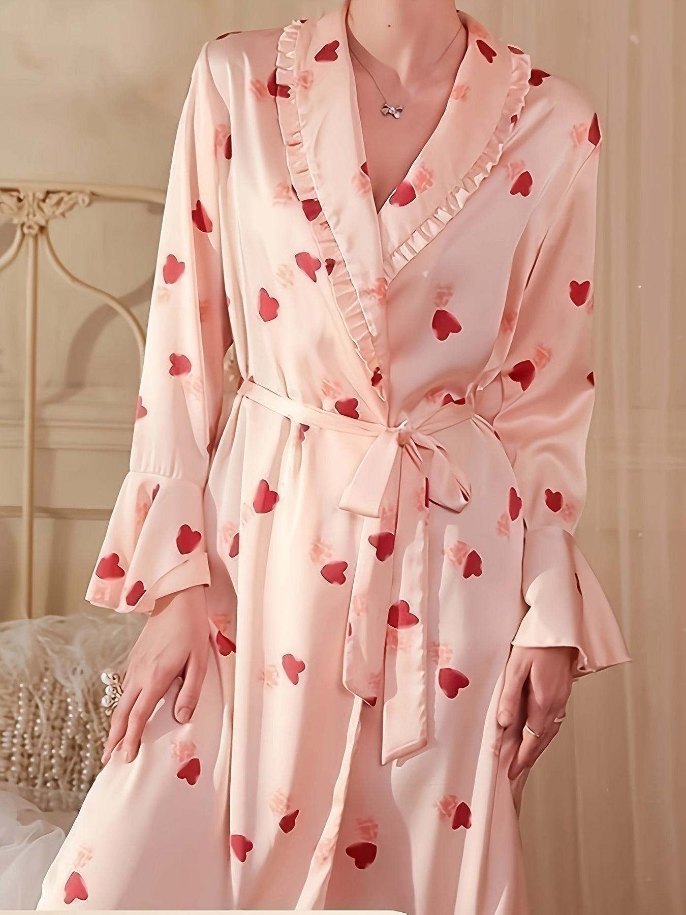 Heart Print Night Robe Ruffle Long Sleeve Lapel Neck Robe