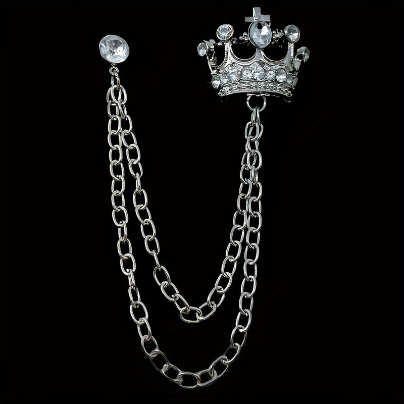 Men's Crown Brooch Rhinestone Tassel Chain Pin For Suit Shirt Backpacks Jackets