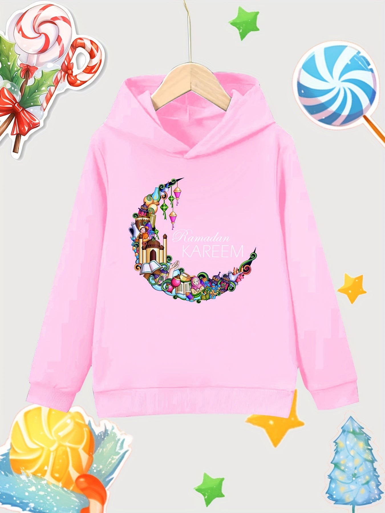 Moon Print Girls Cotton Hooded Sweatshirt for Autumn Winter