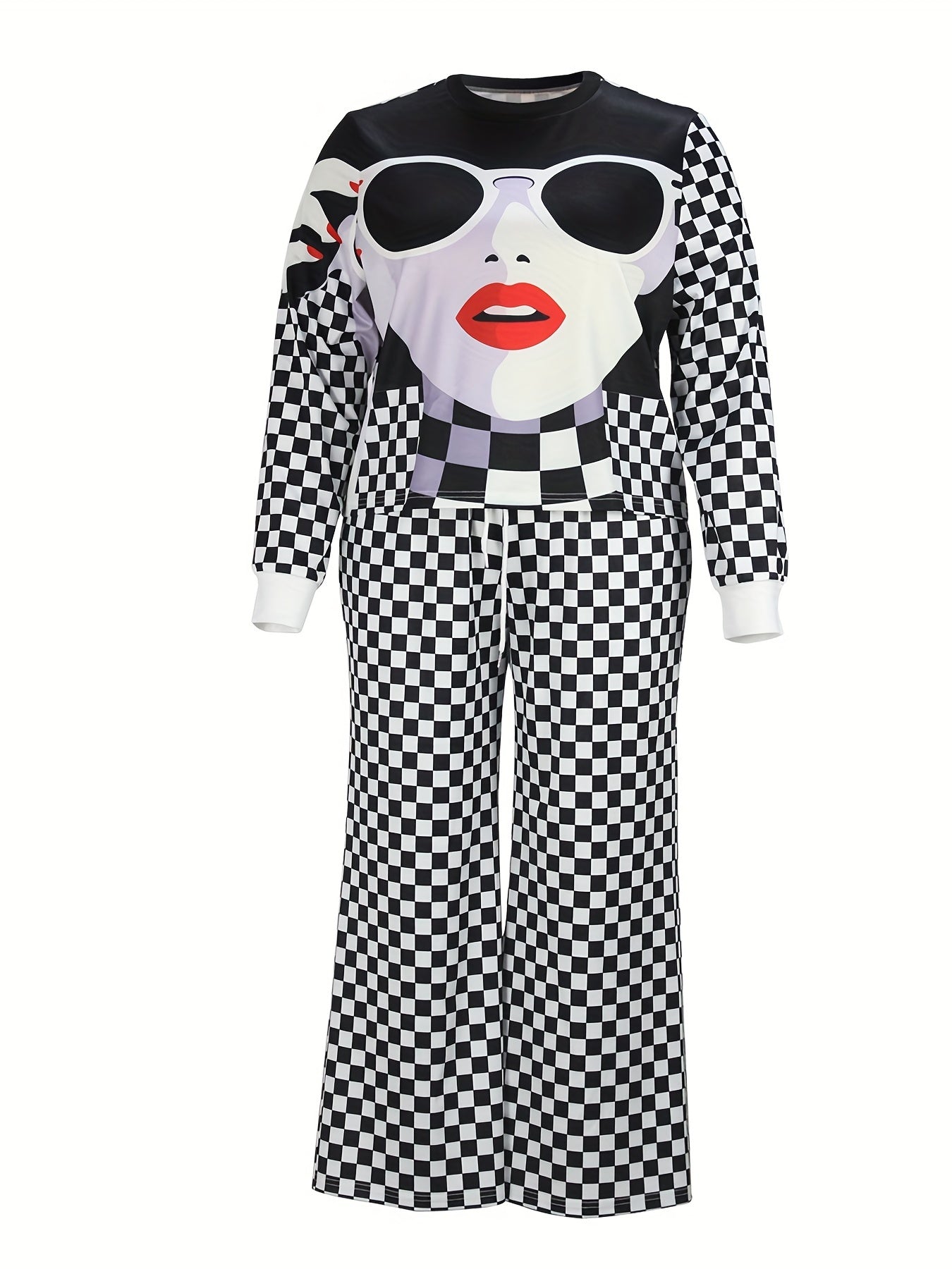 Funny Face & Checkerboard Print Top & Pants Set