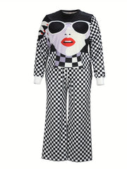 Funny Face & Checkerboard Print Top & Pants Set