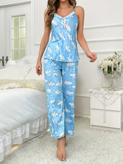 Moon Print Pajama Set V Neck Cami Top & Elastic Waistband Pants