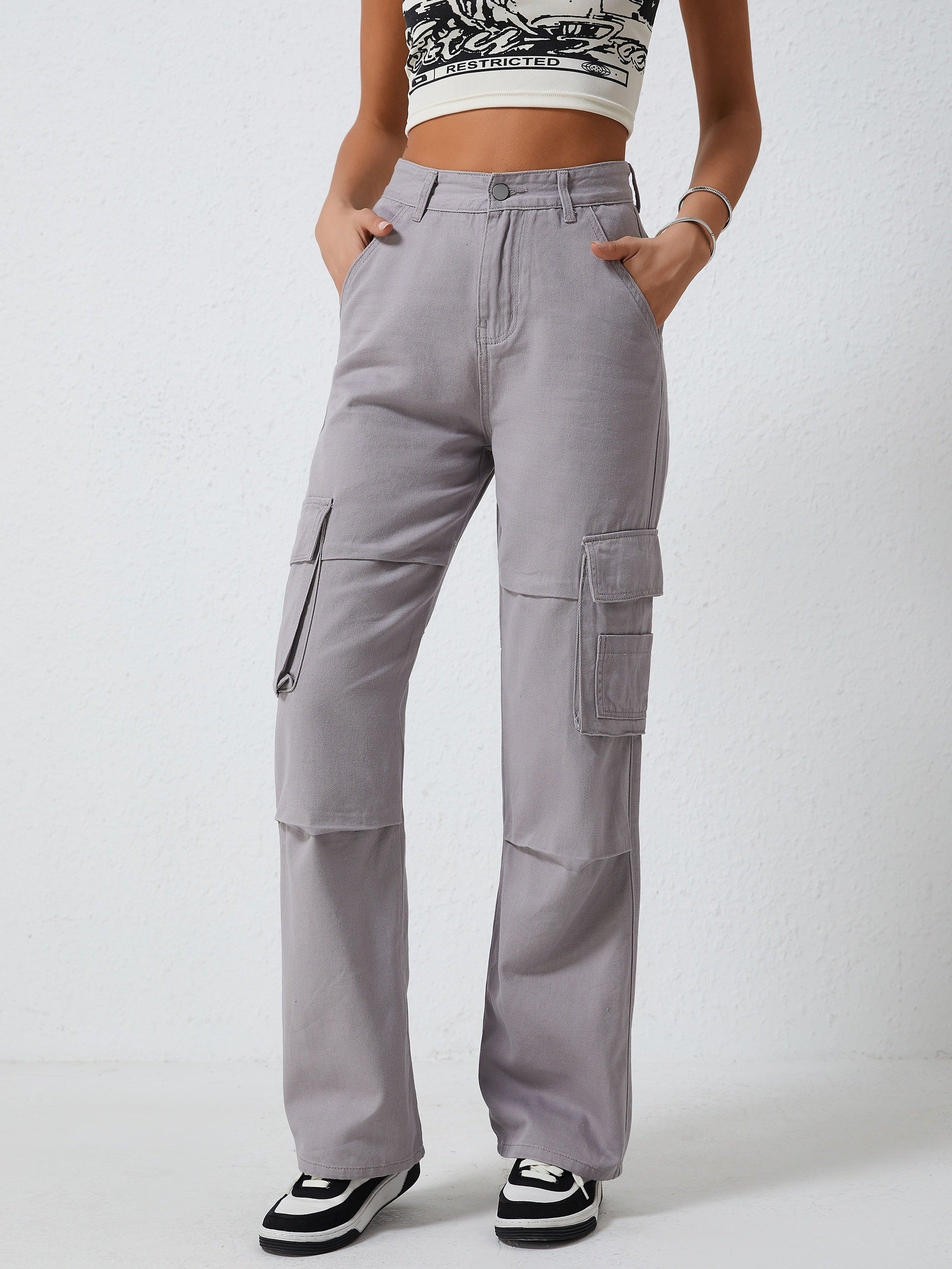 Denim Cargo Pants Mid Rise Loose Casual Kpop Cargo Jeans
