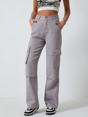 Denim Cargo Pants Mid Rise Loose Casual Kpop Cargo Jeans