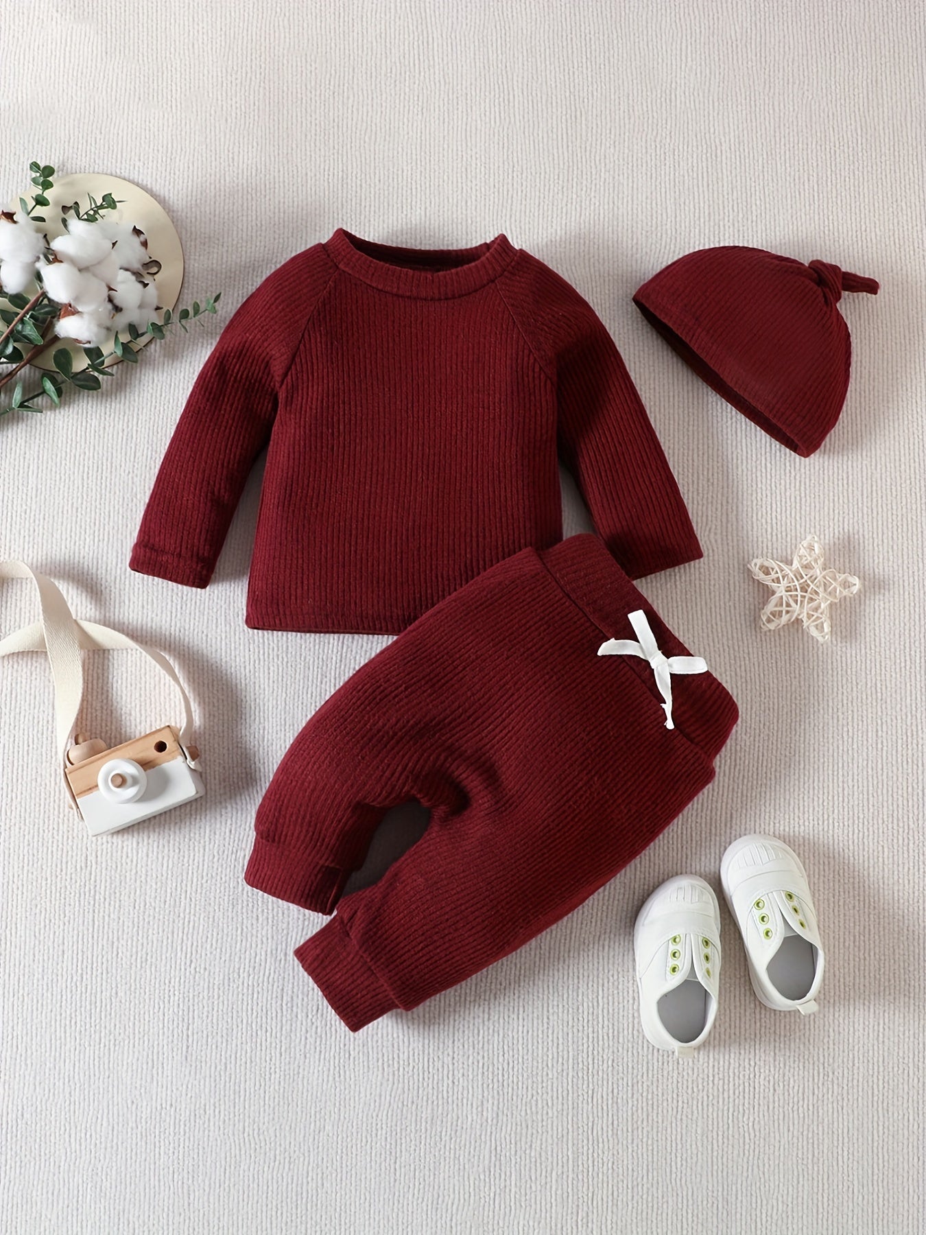 Baby 3pcs Set Ribbed Knitted Tops & Long Pants & Cap Cotton Clothes