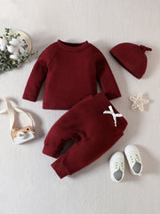 Baby 3pcs Set Ribbed Knitted Tops & Long Pants & Cap Cotton Clothes