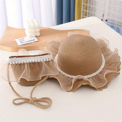 Summer Pearl Lace Straw Hat Bag Set Princess Girl Travel Sun Hat