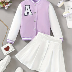 Girls 2pcs Baseball Jacket & Short Skirt Letter A Appliques Decor