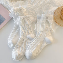 6 Pairs Lace Trim Textured Socks Women's Mid Tube Stockings