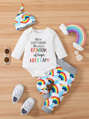 Cartoon Graphic Baby Layette Set: Bodysuit, Pants, Hat