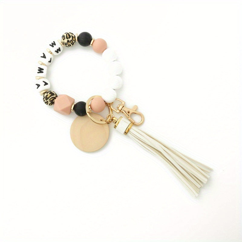 MAMA Silicone Beaded Bracelet Keychain Tassel Key Ring Purse Bag Charm