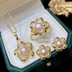 Faux Pearl Flower Pendant Necklace Earrings Rings Set