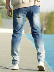 Slim Fit Jeans Mens Casual Street Style Solid Slightly Stretch Distressed Denim