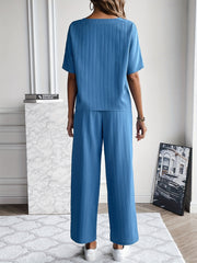 Casual Two piece Set Crew Neck Short Sleeve Tops & Drawstring Wide Leg Pants