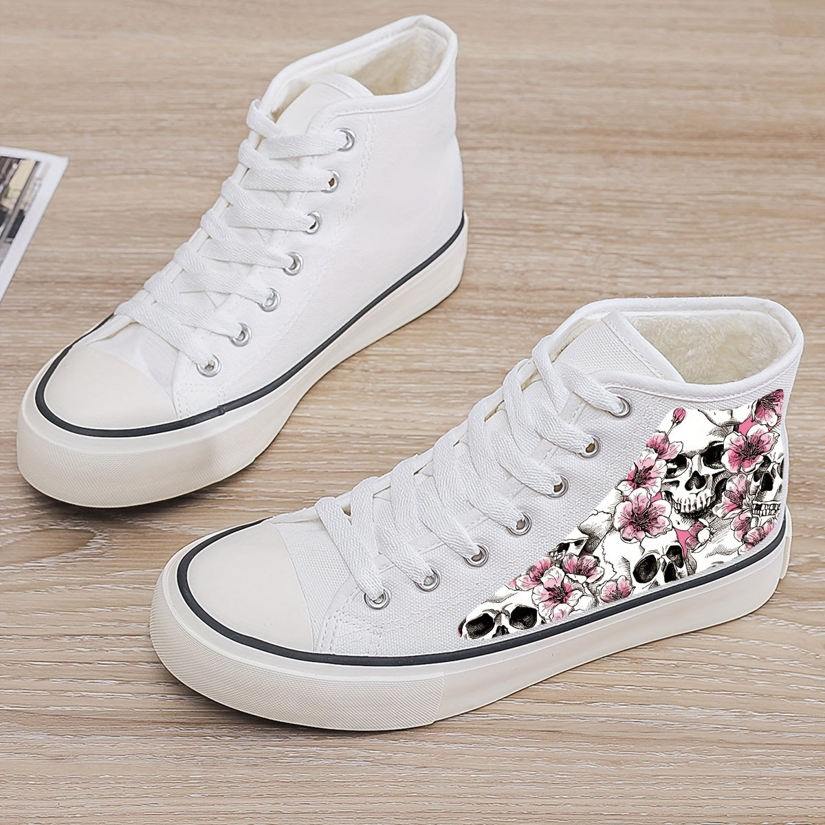 Skull & Flower Plush Lined Thermal Canvas Sneakers