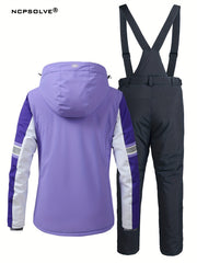 Snowflake Print Ski Set Long Sleeve Hooded Jacket & Suspender Trouser