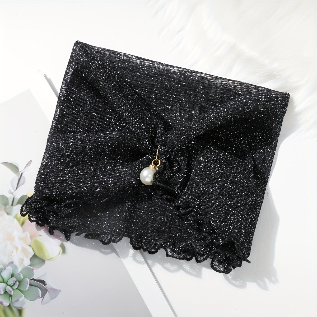 Glitter Ruffle Scarf Neckerchief Infinity Scarf Faux Pearl Headband