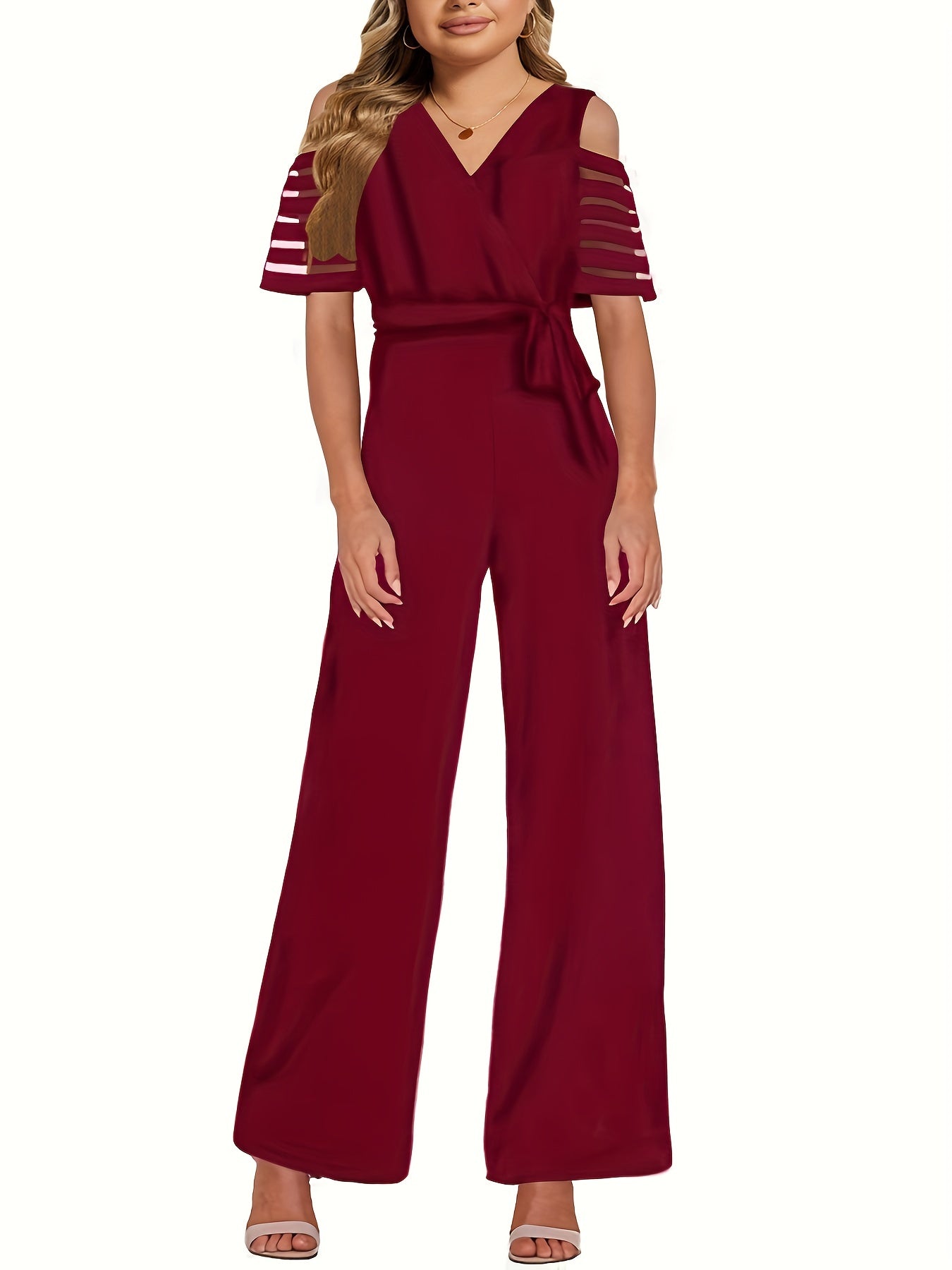 V Neck Off Shoulder Short Sleeve Knitted Jumpsuit