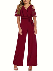 V Neck Off Shoulder Short Sleeve Knitted Jumpsuit