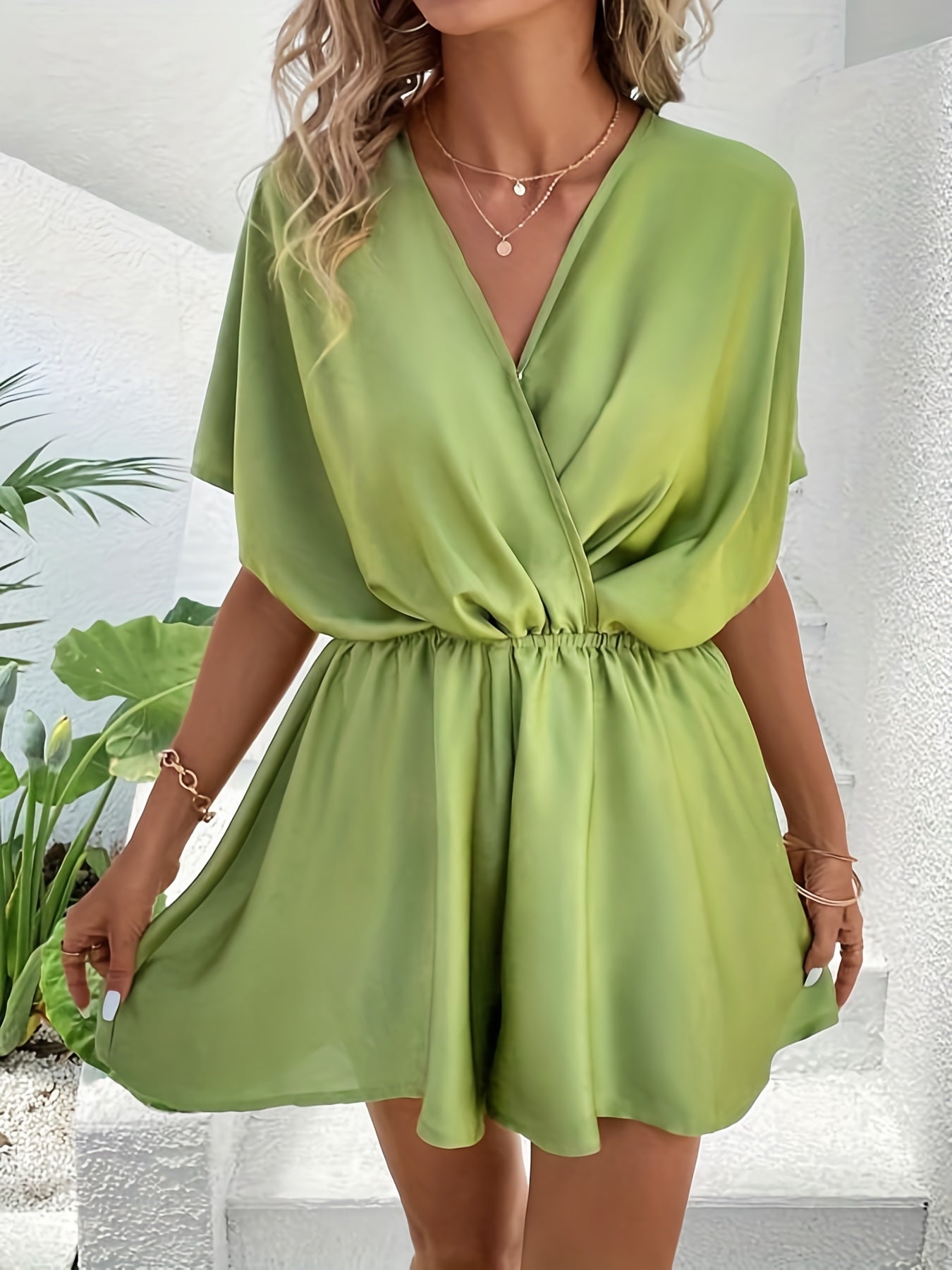 Casual Surplice Neck Batwing Sleeve Romper Jumpsuit