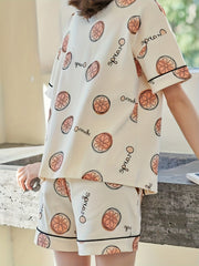 Fruit Print Button Lounge Set Short Sleeve Top & Loose Shorts