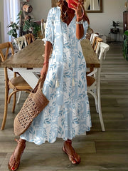 Boho Dress Women's Plus Leaf & Stripe Print Maxi Smock Dress