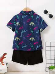 Boys Dinosaur Print Short Sleeve Shirt & Shorts Set for Summer