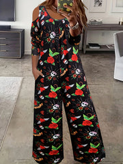 Skull & Floral Print Cold Shoulder Jumpsuit