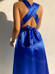 Solid Satin V Neck Midi Tank Dress