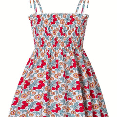 Toddler Girls Cherry & Flowers Frill Trim Shirred Cami Princess Dress