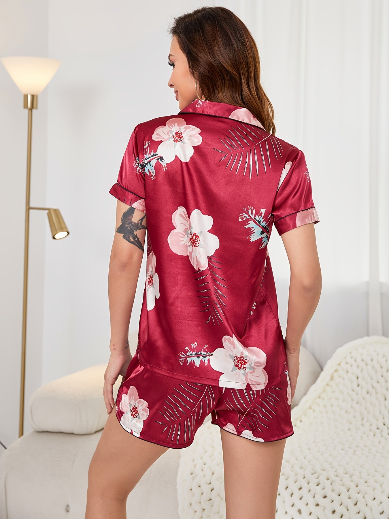 Floral Satin Pajama Set Short Sleeve Button Up Top & Shorts