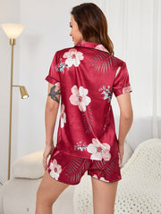 Floral Satin Pajama Set Short Sleeve Button Up Top & Shorts